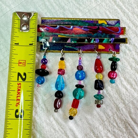 Colorful Rainbow and Jewel Hued Pin with Dangling Bead Curtain Artisan Signed - Picture 5 of 6